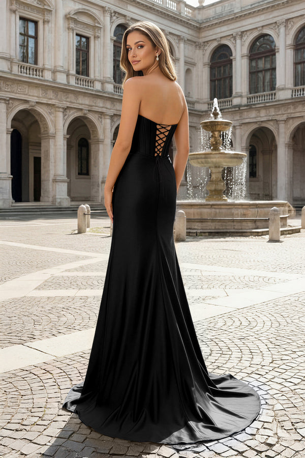 KissProm-Black Sweetheart Satin Mermaid Long Prom Dresses with Beading