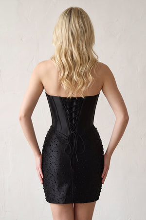 Black Sweetheart Sheath Satin Corset Homecoming Dress With Pearl (4) | KISSPROM