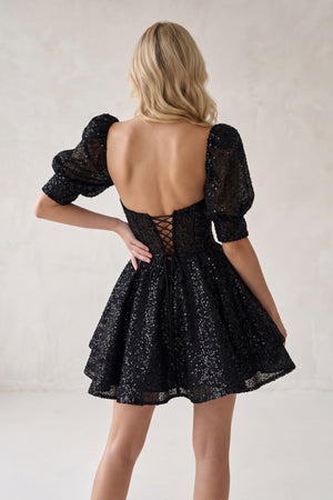 Black Sweetheart White Sequin Short Homecoming Dress With Puff Sleeves (2) | KISSPROM