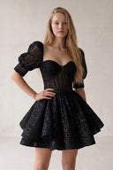 Black Sweetheart White Sequin Short Homecoming Dress With Puff Sleeves | KISSPROM