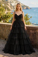 Tiered Ruffle Appliques Corset Long Prom Dress with Spaghetti Straps - KissProm