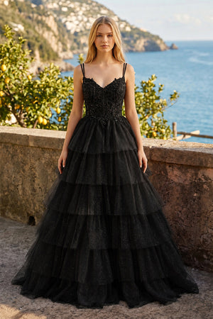 Tiered Ruffle Appliques Corset Long Prom Dress with Spaghetti Straps - KissProm