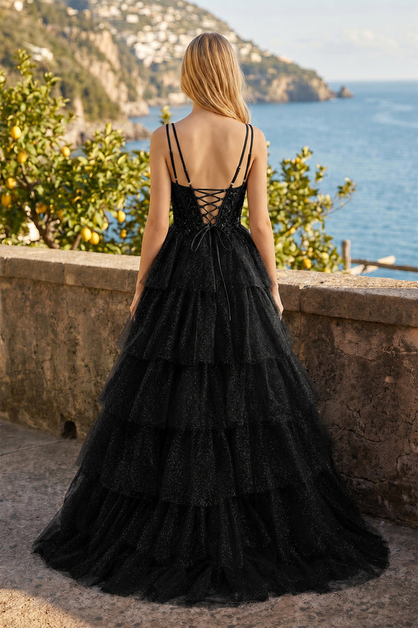 Tiered Ruffle Appliques Corset Long Prom Dress with Spaghetti Straps - KissProm