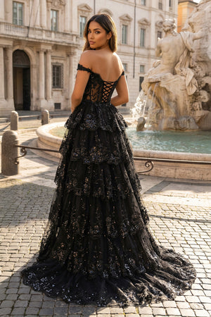 KissProm-Black Periwinkle Tulle Appliques Off-the-Shoulder Ruffle Long Prom Dress