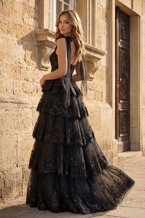 Black Tulle Appliques Tying Strap Ruffle Tiered Long Prom Dress - KissProm