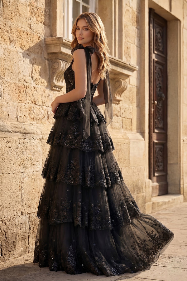 Black Tulle Appliques Tying Strap Ruffle Tiered Long Prom Dress - KissProm