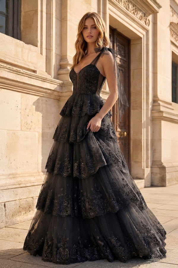 Black Tulle Appliques Tying Strap Ruffle Tiered Long Prom Dress - KissProm