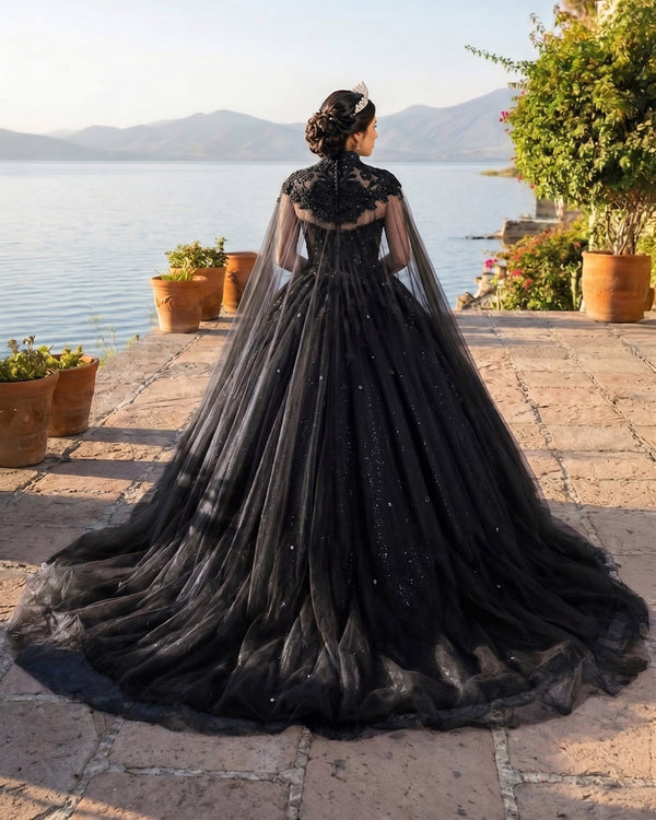 Black Tulle Ball Gown Prom Dress With Cape (2) | KISSPROM
