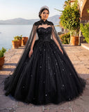 Black Tulle Ball Gown Prom Dress With Cape | KISSPROM