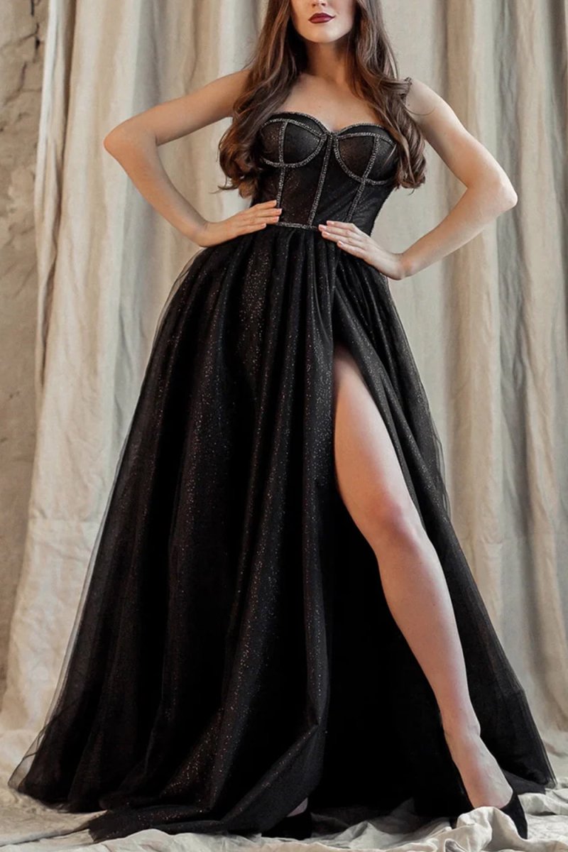 Zendaya | Black Shiny Tulle Floor Length Prom Dress Black Evening Dress with Slit - KissProm