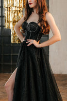 Zendaya | Black Shiny Tulle Floor Length Prom Dress Black Evening Dress with Slit - KissProm