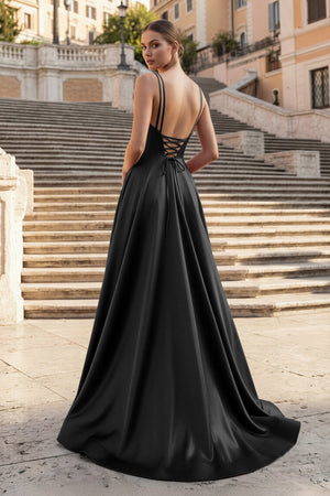 KissProm- Black V Neck A Line Satin Long Prom Dresses With Slit