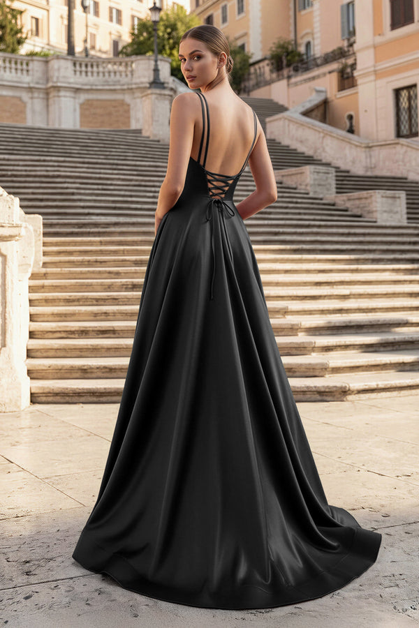 KissProm- Black V Neck A Line Satin Long Prom Dresses With Slit