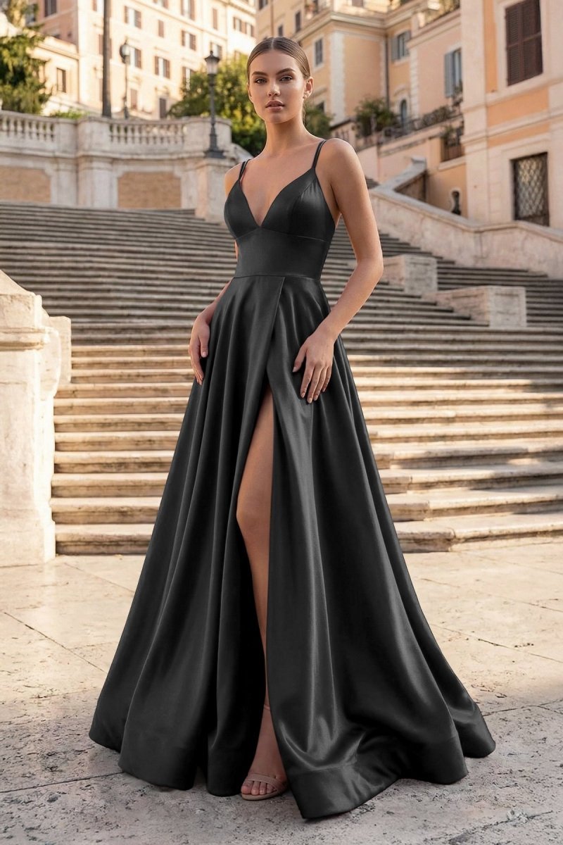 KissProm Burgundy Spaghetti Straps A Line Satin Long Prom Dresses With Slit, Burgundy / 00