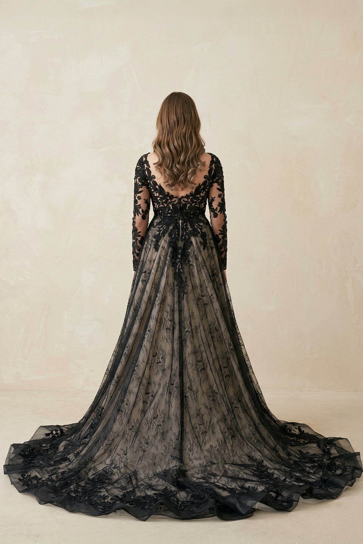 black wedding dress lace Modern Gothic Boho Lace Black Wedding Dress Vintage Unique A-Line Long Sleeve Bridal Gown with Court Train, Black / 2