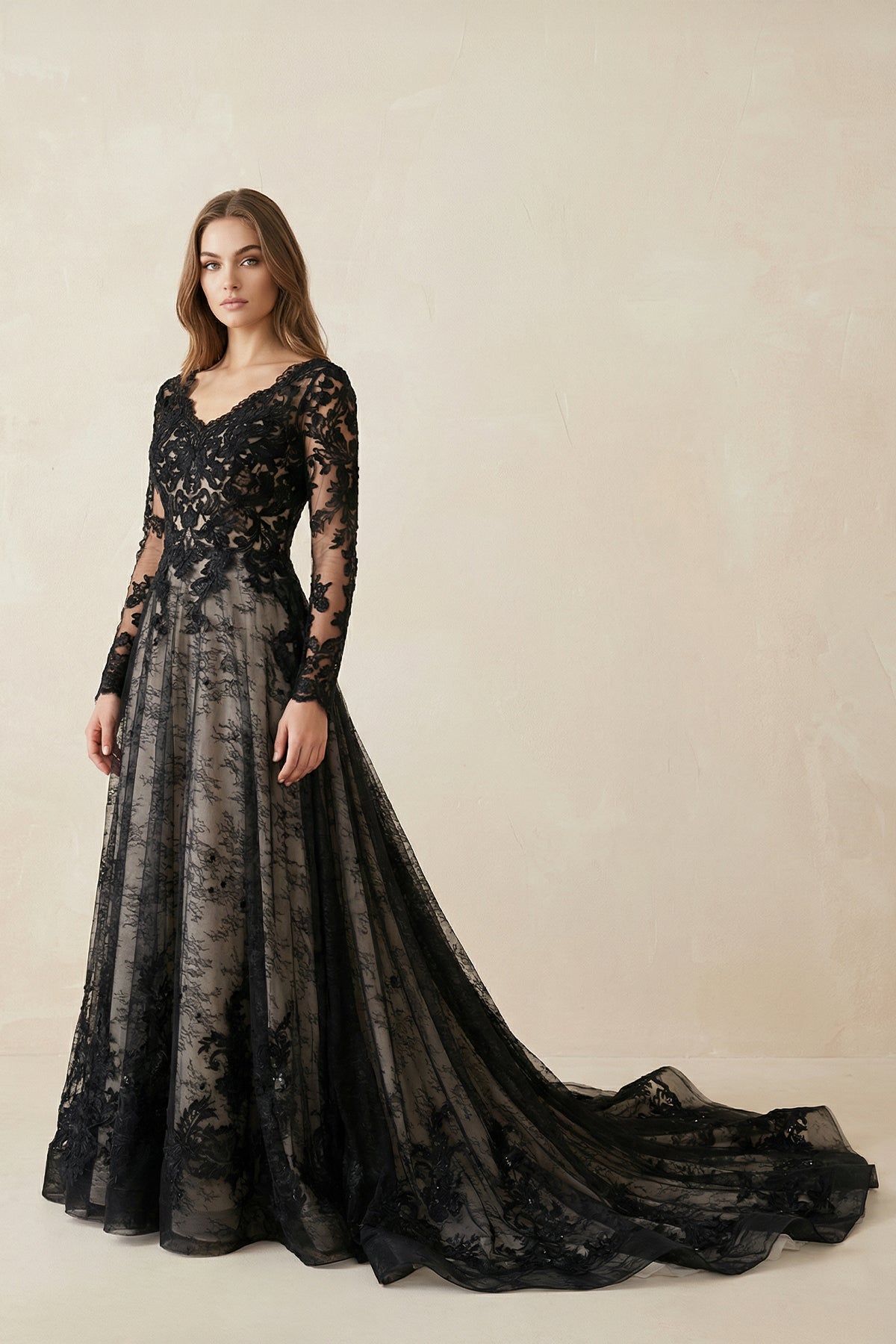 KissProm Modern Gothic Boho Lace Black Wedding Dress Vintage Unique A-Line Long Sleeve Bridal Gown with Court Train, Black / 2