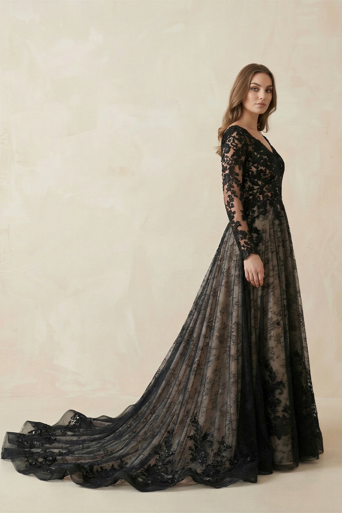 Modern Gothic Boho Lace Black Wedding Dress Vintage Unique A-Line Long Sleeve Bridal Gown with Court Train, Black / 2