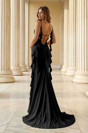 KissProm-Black Spaghetti Straps Mermaid Satin Ruffled Long Prom Dresses With Slit