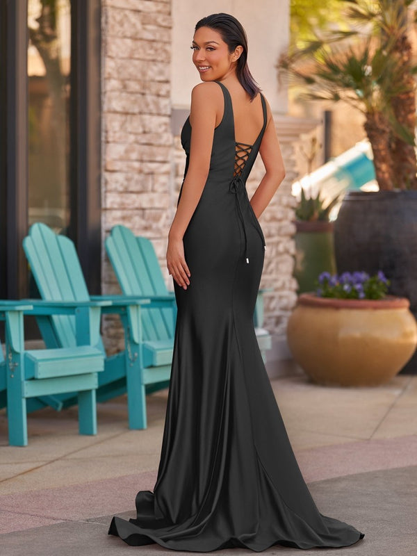 Black V Neck Satin Mermaid Long Formal Dress (2) | KISSPROM