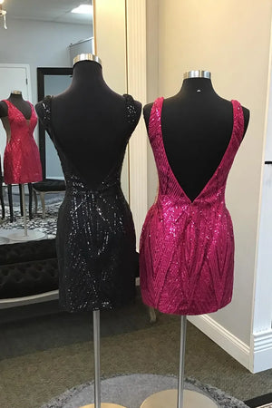 Black V - neck Sequins Bodycon Short Homecoming Dress with Open Back - KissProm