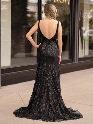 Mermaid V Neck Sequined Lace Prom Dress with Slit - KissProm 