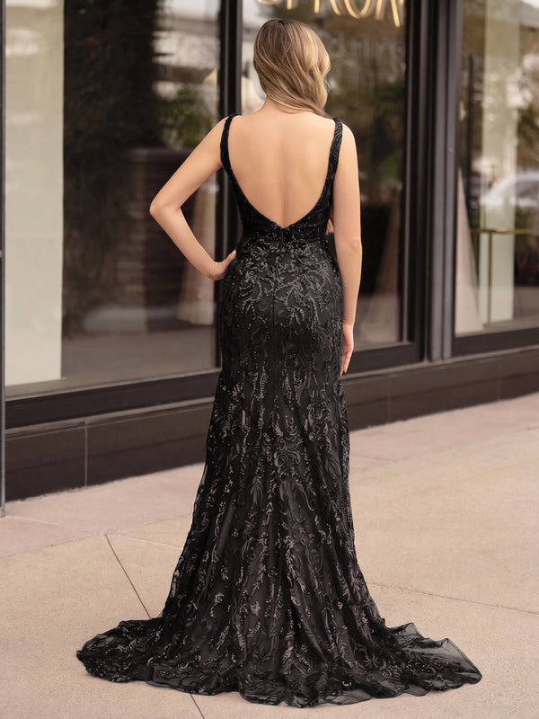 Mermaid V Neck Sequined Lace Prom Dress with Slit - KissProm 