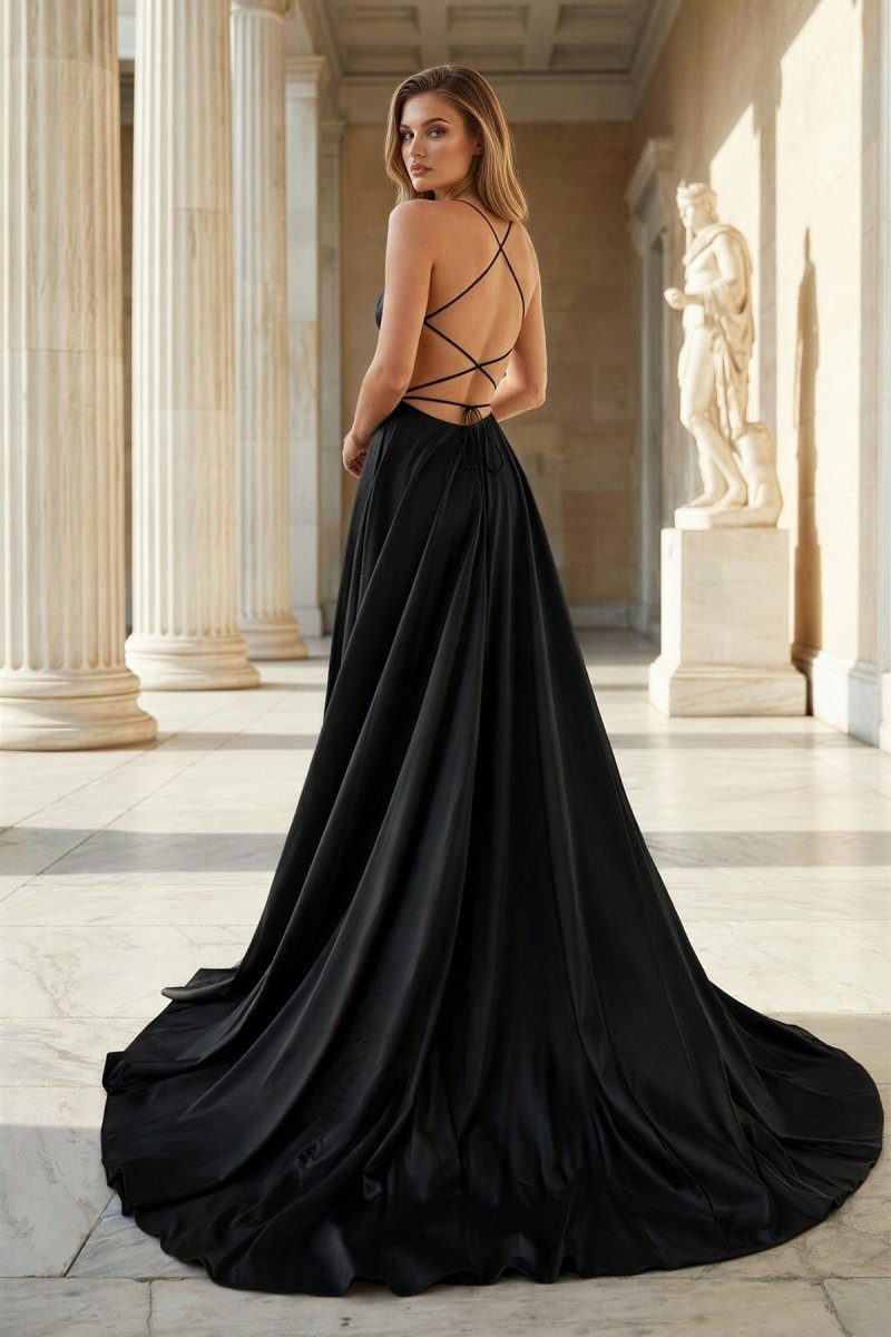 Pink Spaghetti Straps Satin Backless A Line Prom Dress With Pockets