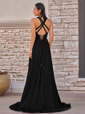 Rylan| Red Velvet Plunge V Cross Back A-Line Long Formal Dress