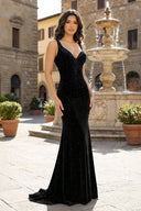 Black Velvet V-Neck Cutout Back Mermaid Long Formal Dress- KissProm