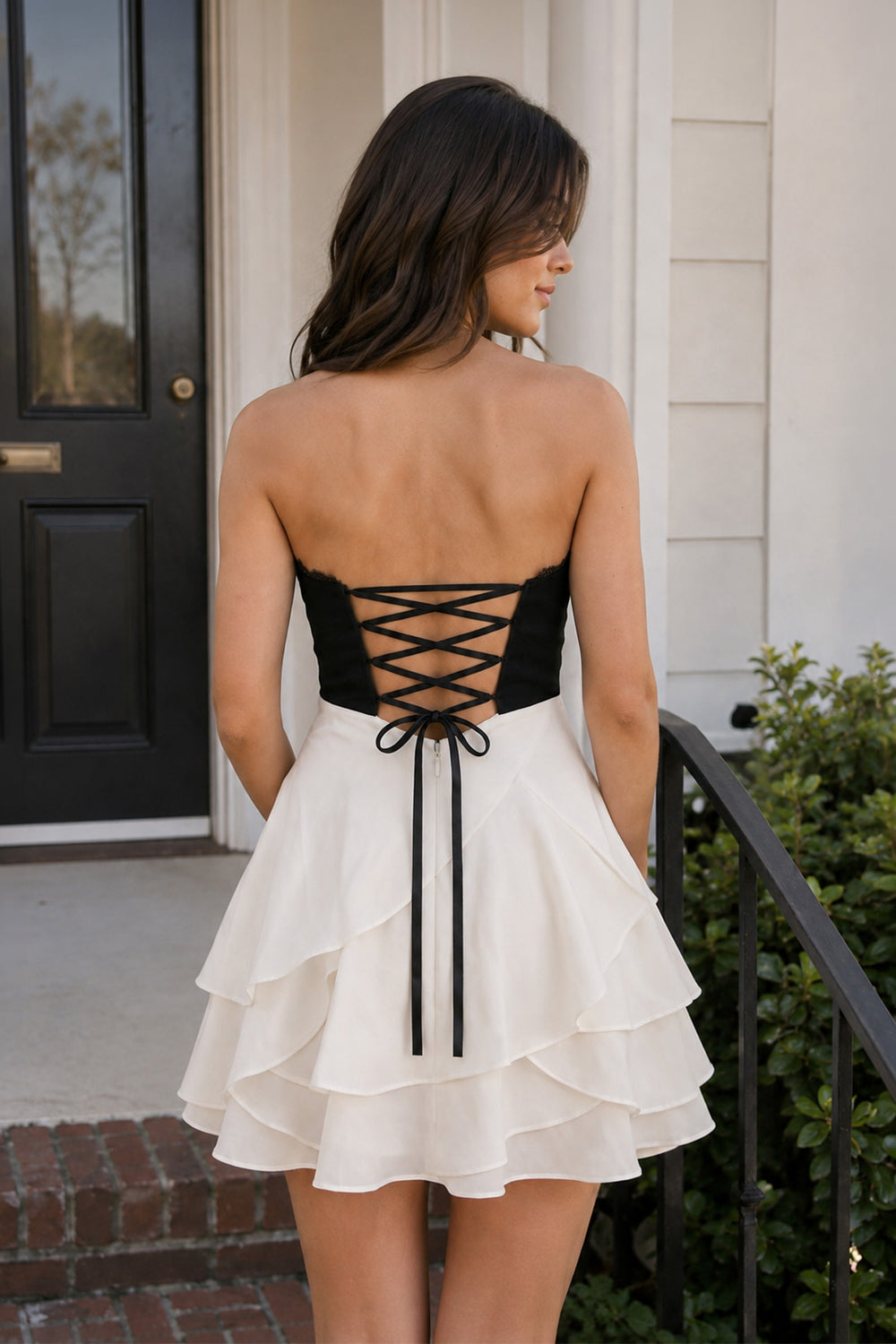 Black-White Sweetheart A-Line Ruffled Chiffon Homecoming Dress with Bow | KISSPROM