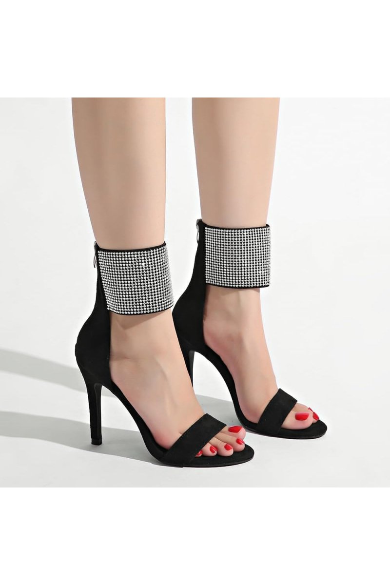 Black Wide Ankle Cuff Open Toe High Heels - KissProm