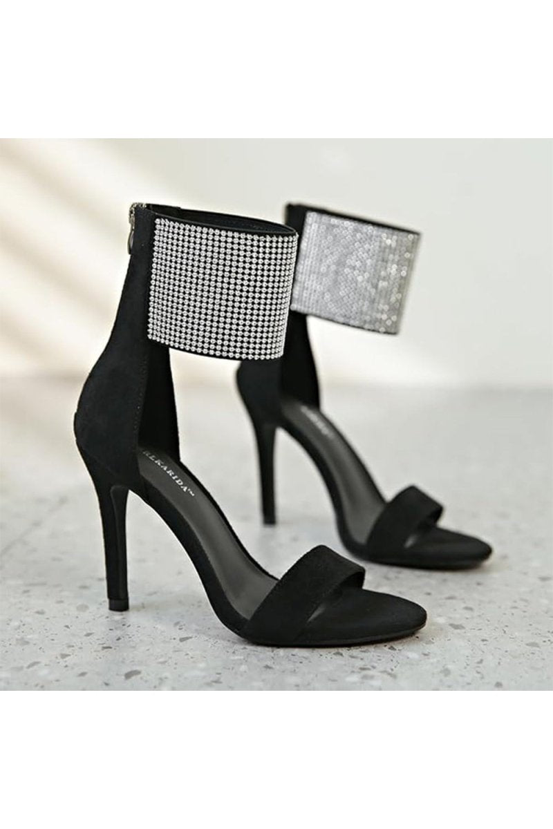 Black Wide Ankle Cuff Open Toe High Heels - KissProm