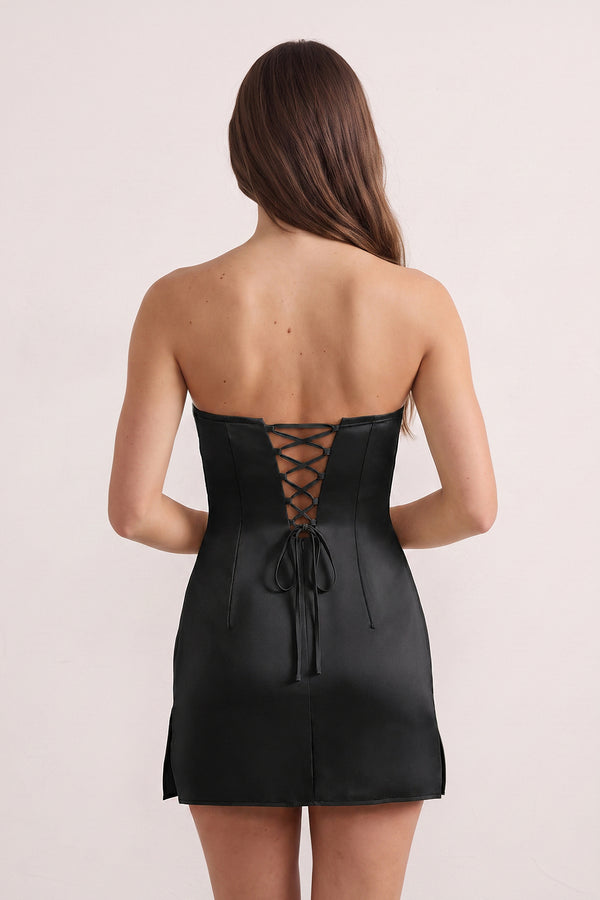 Black Strapless Sheath Satin Ruched Homecoming Dress with Lace-Up Back (3) | KISSPROM
