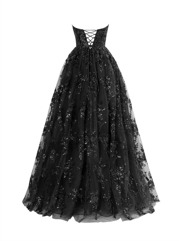 KissProm-Zara Black A Line Strapless Pleating Long Prom Dress With Applique