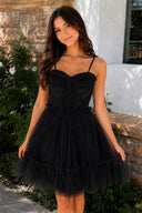 Spaghetti Straps Tulle Lace Appliques Short Prom Dresses With Bow - KissProm