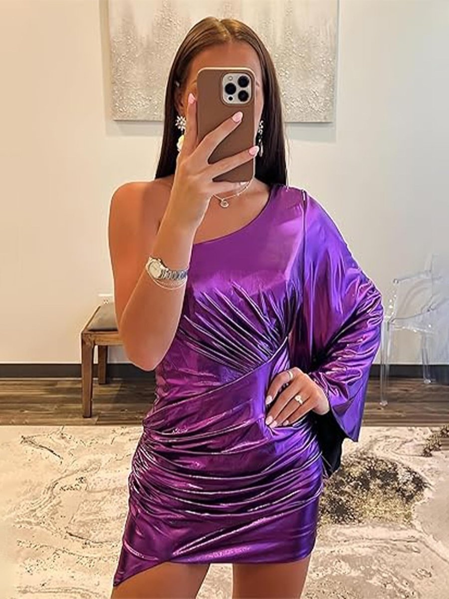Blaire | Purple - One Shoulder Bodycon Metallic Pleated Homecoming Dress
