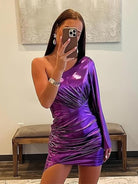 Blaire | Purple - One Shoulder Bodycon Metallic Pleated Homecoming Dress