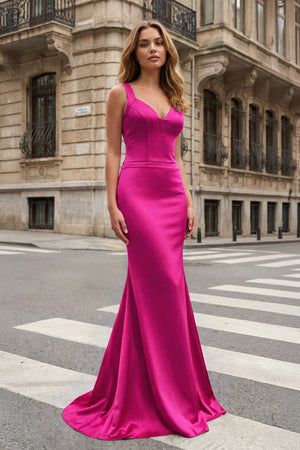 KissProm-Fuchsia Mermaid Satin V Neck Long Party Dress