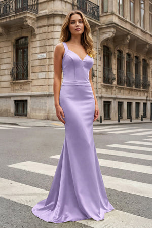KissProm-Lavender Mermaid Satin V Neck Long Party Dress