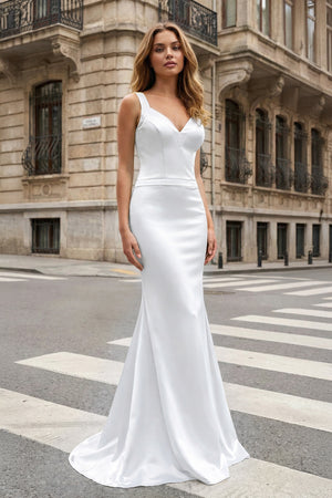 KissProm-White Mermaid Satin V Neck Long Party Dress