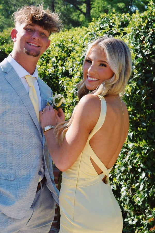 Yellow Mermaid Satin V Neck Long Prom Party Dress – Prom Dresses by KissProm | Available at KissProm