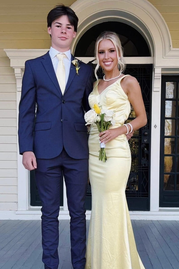 Yellow Mermaid Satin V Neck Long Prom Party Dress – Prom Dresses by KissProm | Available at KissProm