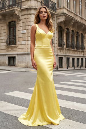KissProm- Yellow Mermaid Satin V Neck Long Party Dress