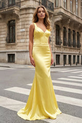 Yellow Mermaid Satin V Neck Long Prom Party Dress – Prom Dresses by KissProm | Available at KissProm