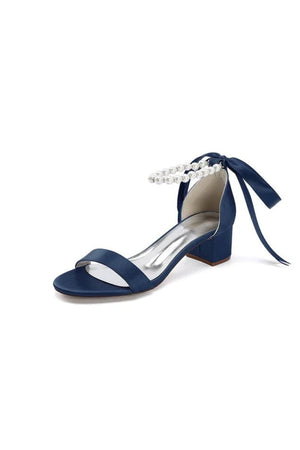 Block - Heel Sandal Adorned with Pearl Ankle Band and Ribbon Bow - KissProm