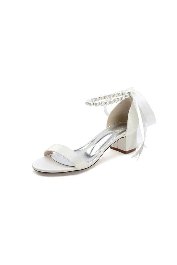 Block - Heel Sandal Adorned with Pearl Ankle Band and Ribbon Bow - KissProm