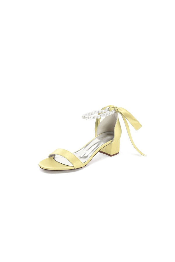 Block - Heel Sandal Adorned with Pearl Ankle Band and Ribbon Bow - KissProm