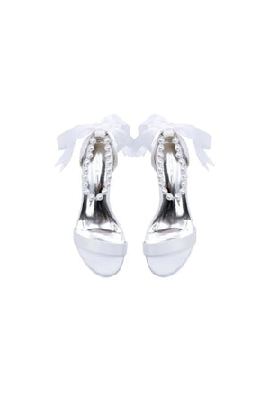 Block - Heel Sandal Adorned with Pearl Ankle Band and Ribbon Bow - KissProm