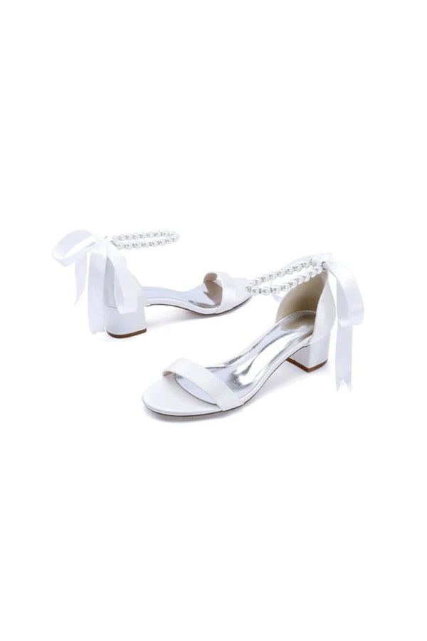 Block - Heel Sandal Adorned with Pearl Ankle Band and Ribbon Bow - KissProm