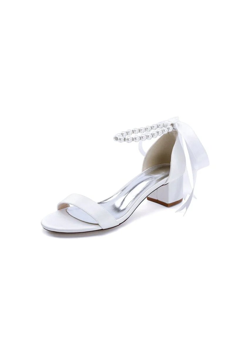 Block - Heel Sandal Adorned with Pearl Ankle Band and Ribbon Bow - KissProm